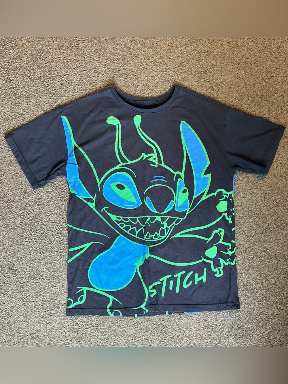 Disney Black T-shirt Neon Blue & Green Stitch All Over Graphic Print Large Top